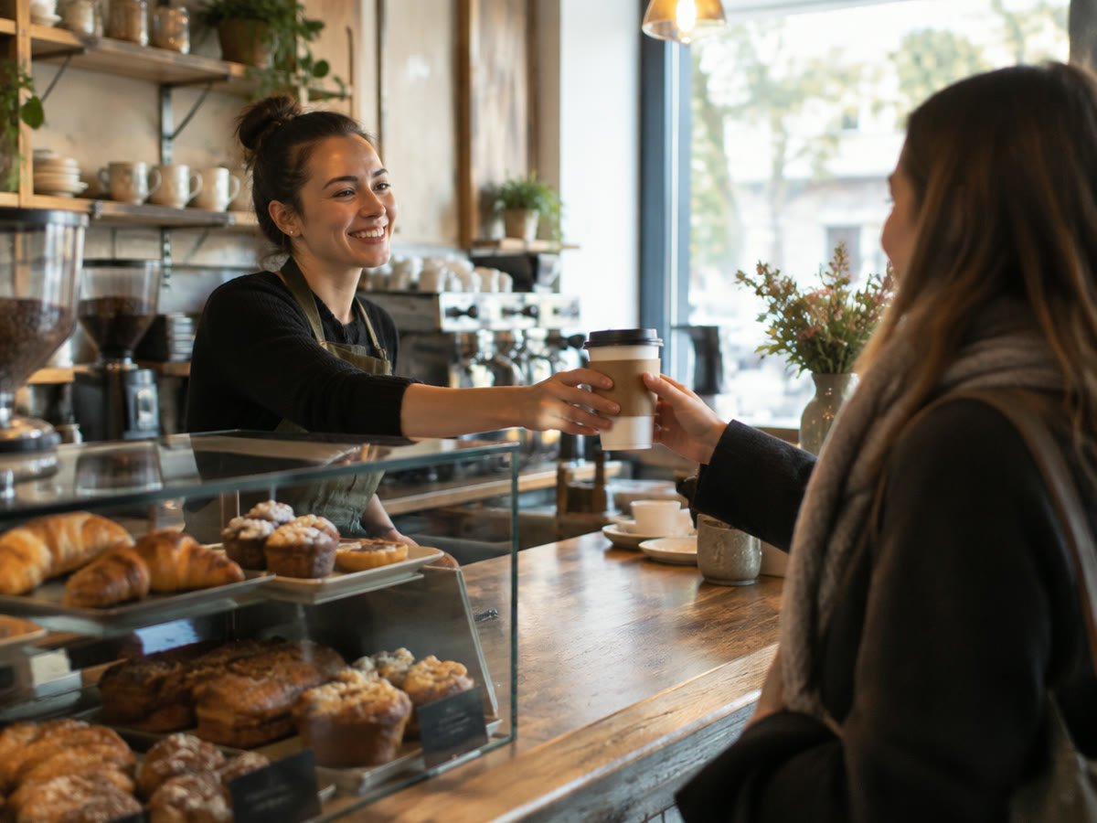 A barista serving a customer at a local cafe counter