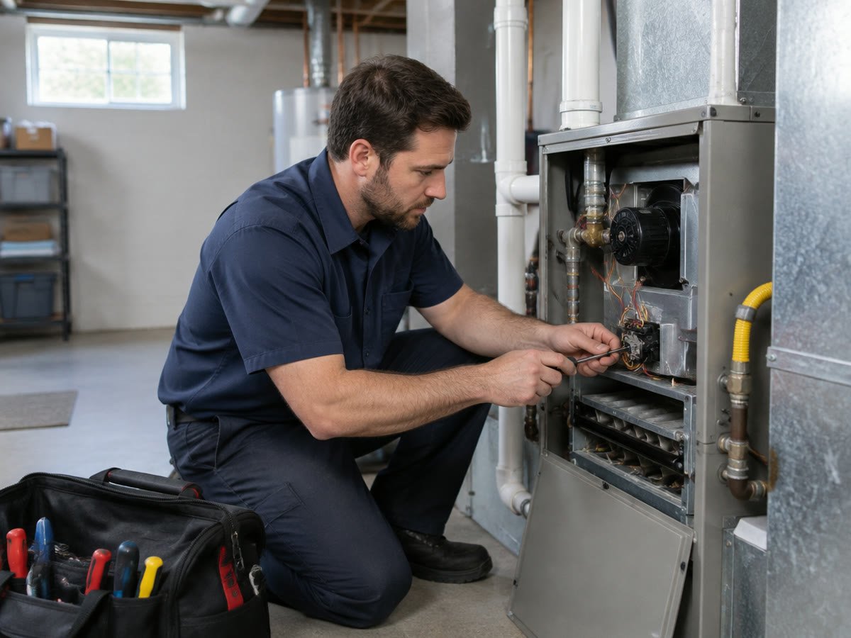 An HVAC technician servicing a home furnace