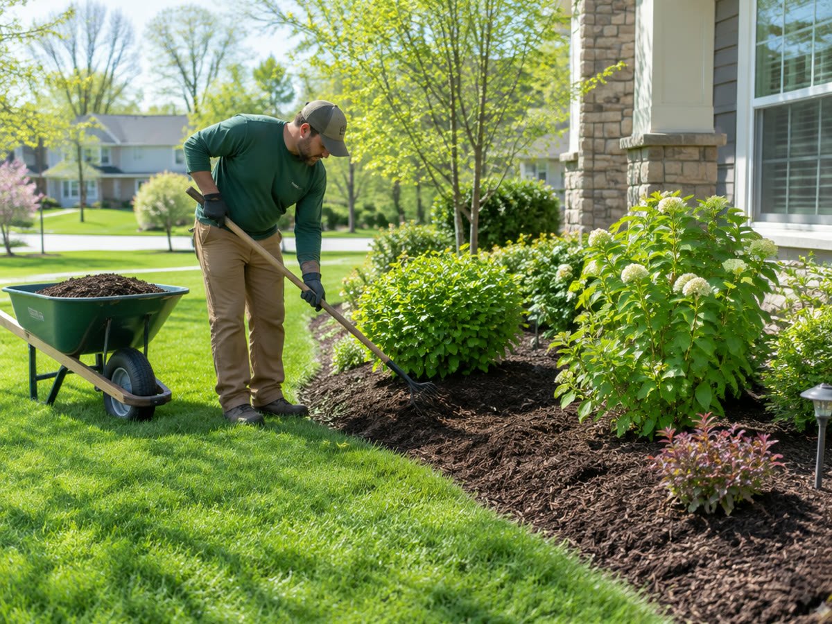 A landscaper finishing a front-yard garden bed