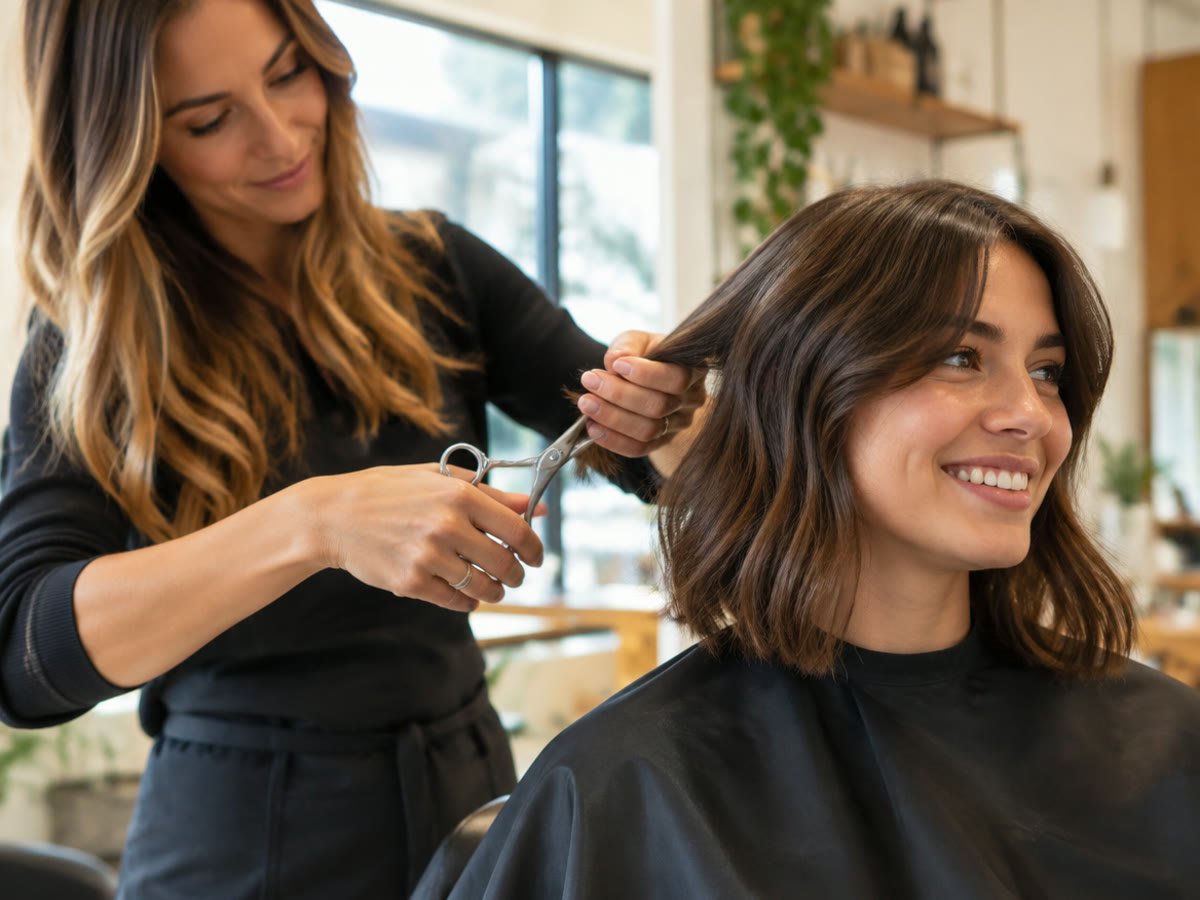 A stylist cutting a client’s hair in a salon