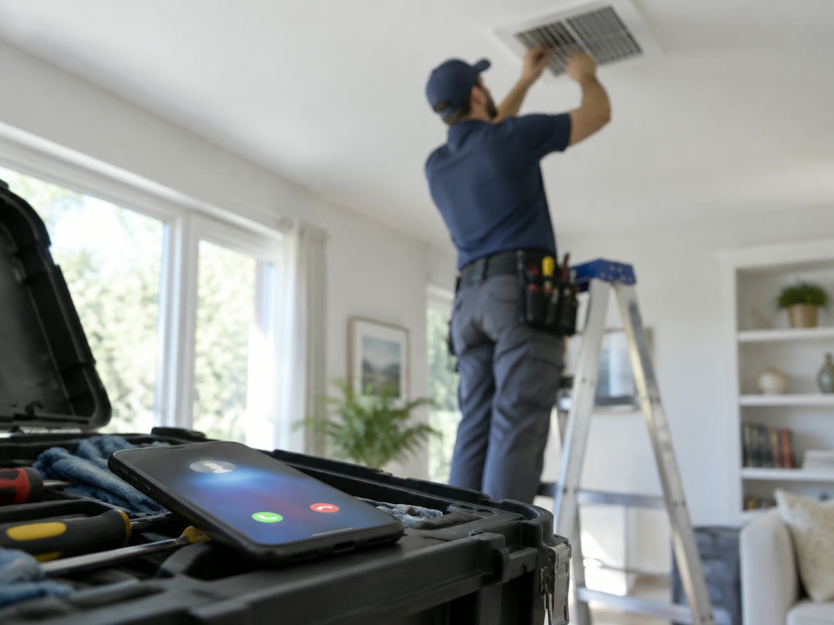 A technician working up a ladder while a phone rings on the tool box below